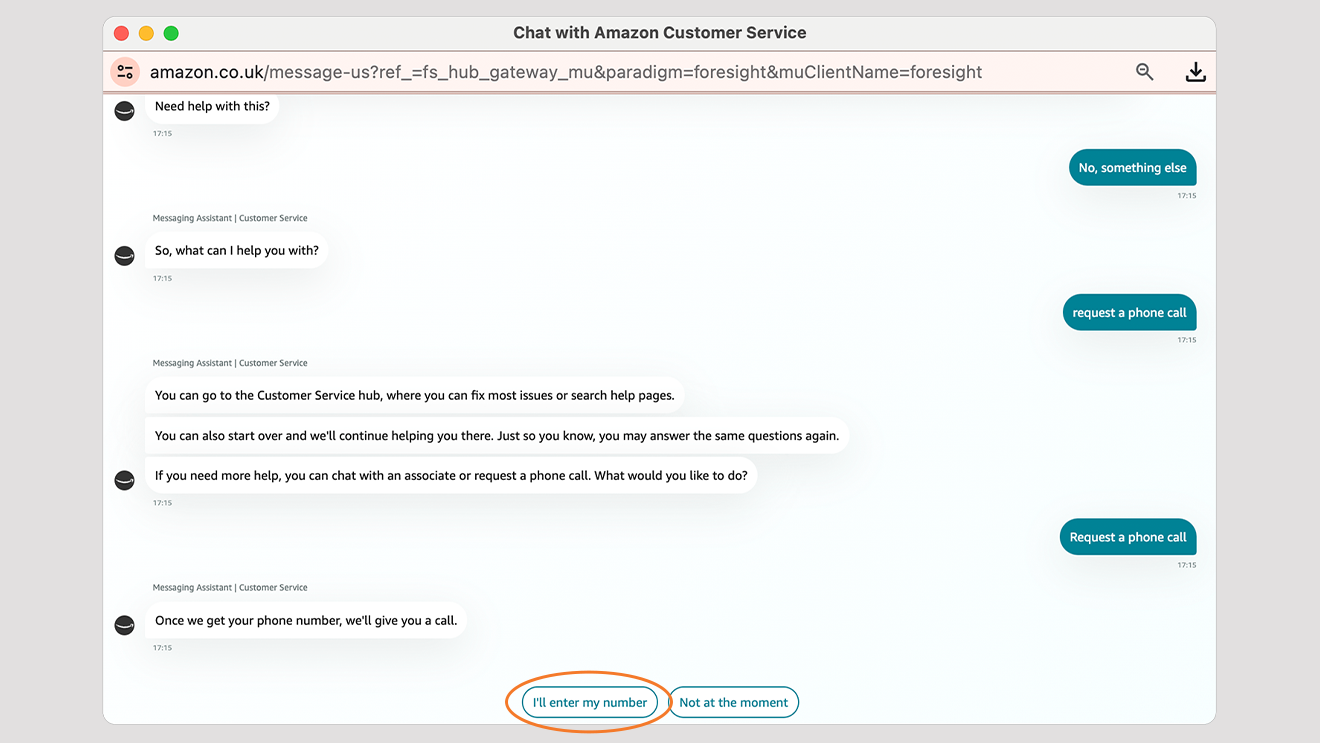 website screen showing how to contact Amazon customer service