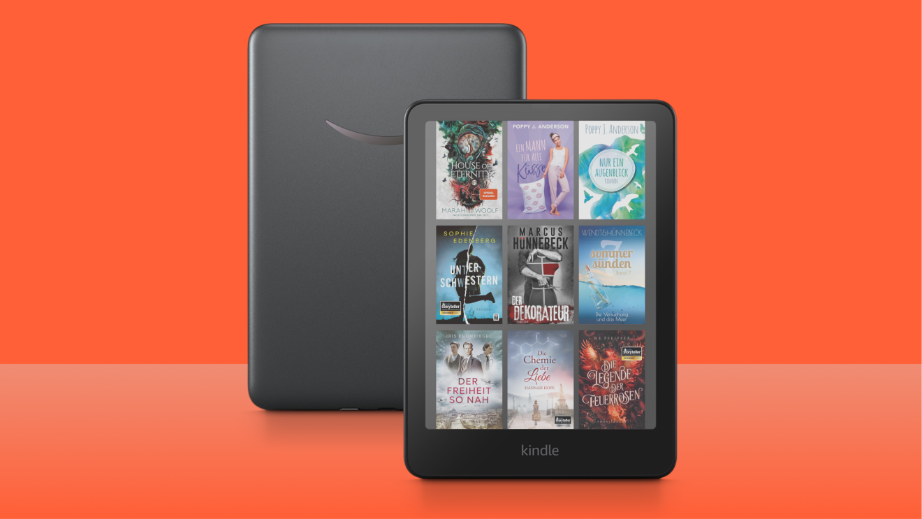Kindle Direct Publishing: Kindle mit vielen Buchtiteln auf einem organgen Hintergrund
