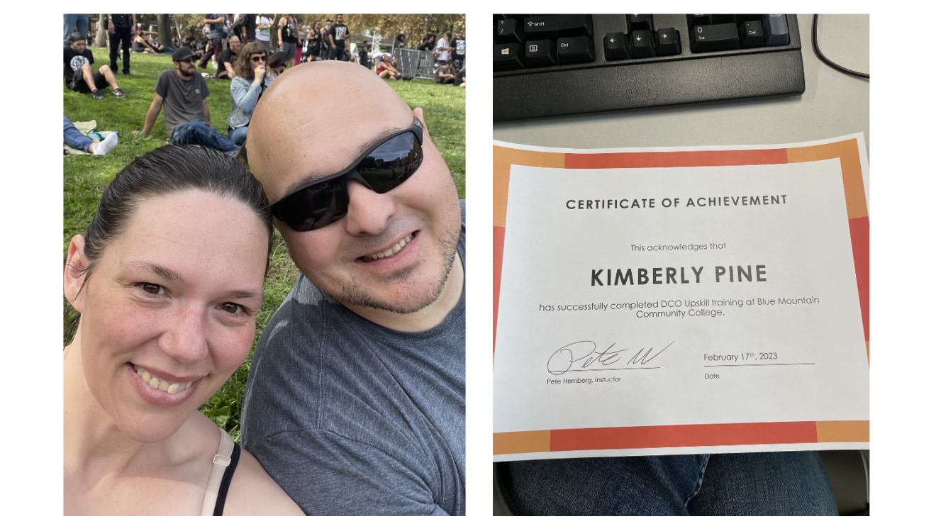 Image of woman with a man and a certificate of completion on the right