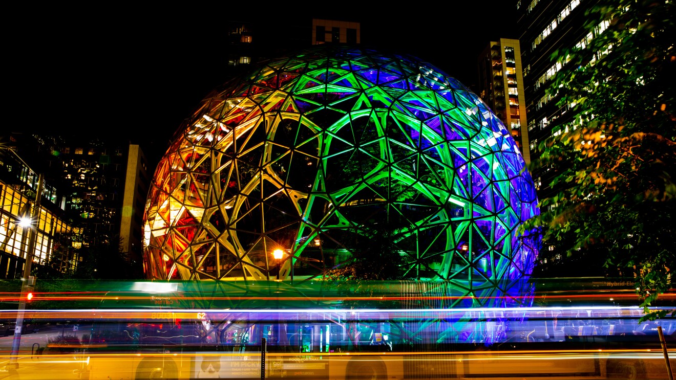 Amazon Spheres with rainbow colors to celebrate Pride