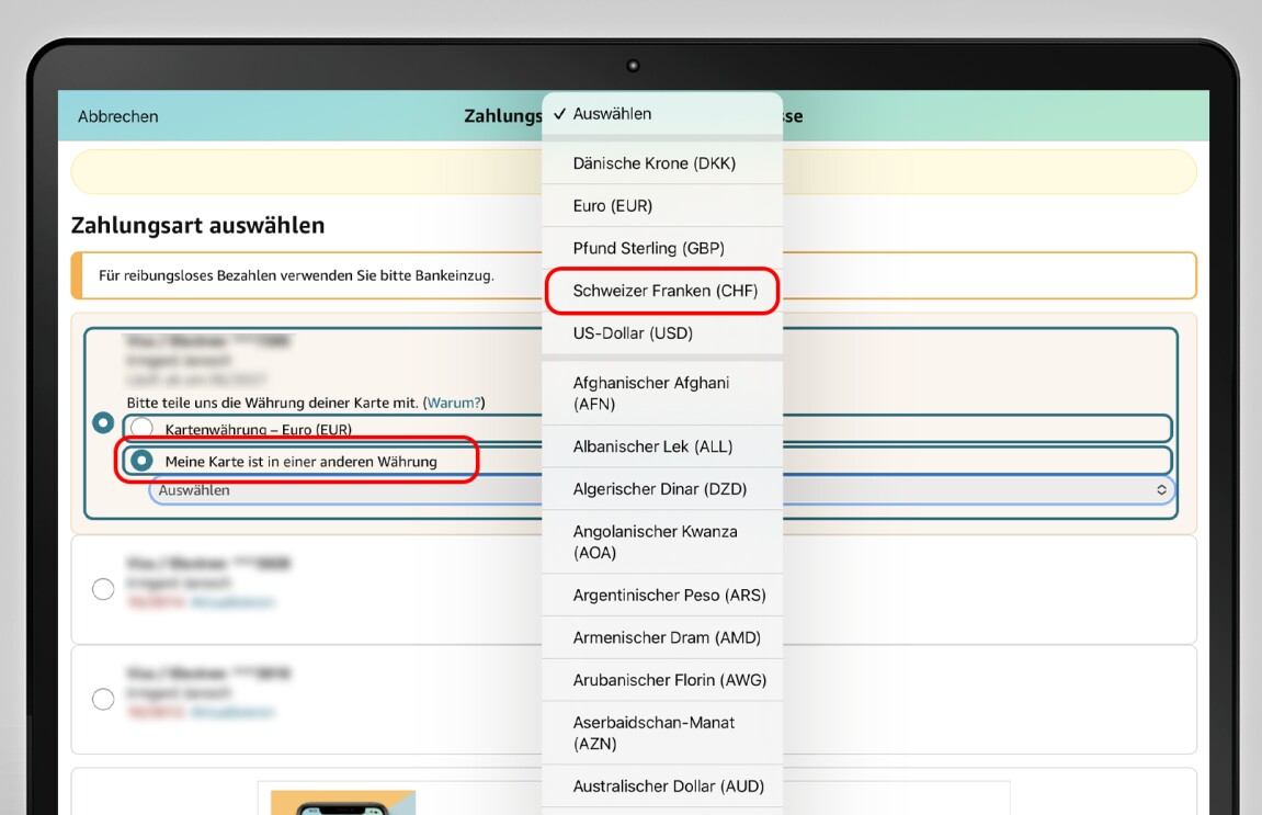 Bestellvorgang und Bezahlen für Schweizer Kundinnen und Kunden bei amazon.de mit Screenshots.