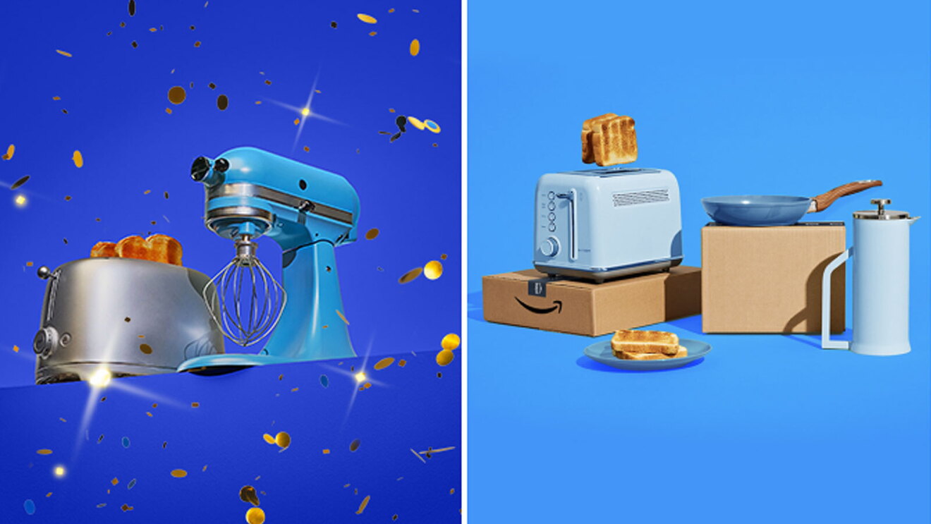 Ein geteiltes Bild. Auf der linken Seite siehst du ein Bild eines Backmischers und eines Toasters vor einem blauen Hintergrund. Auf der rechten Seite siehst du einen Toaster mit Toast, eine Pfanne und eine Kaffeepresse vor blauem Hintergrund.