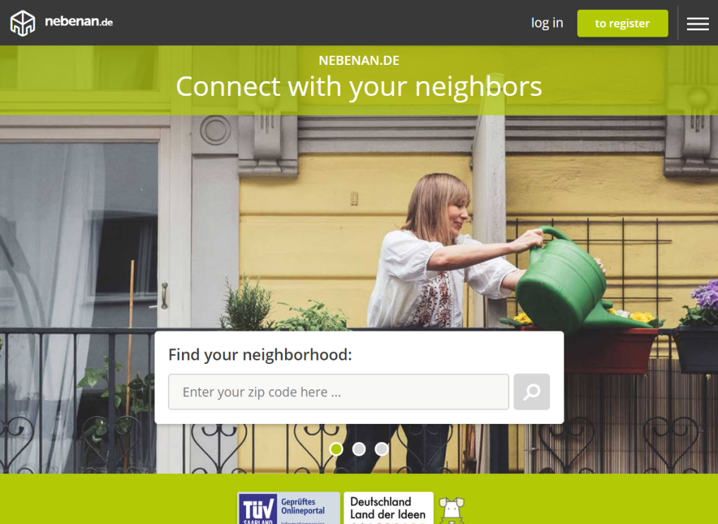 Screenshot of Nebenan.de's homepage where you can search your neighborhood to find opportunities to connect with and help your neighbors during the COVID- pandemic.