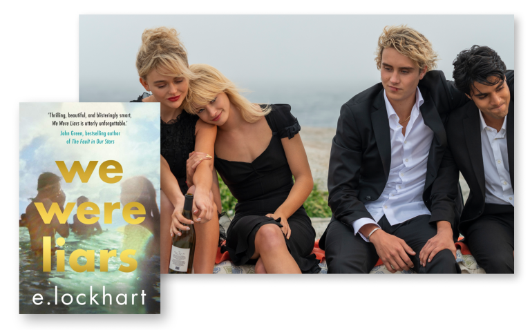 Book cover 'We Were Liars' next to group of young adults on beach in the Prime Video screen adaptation