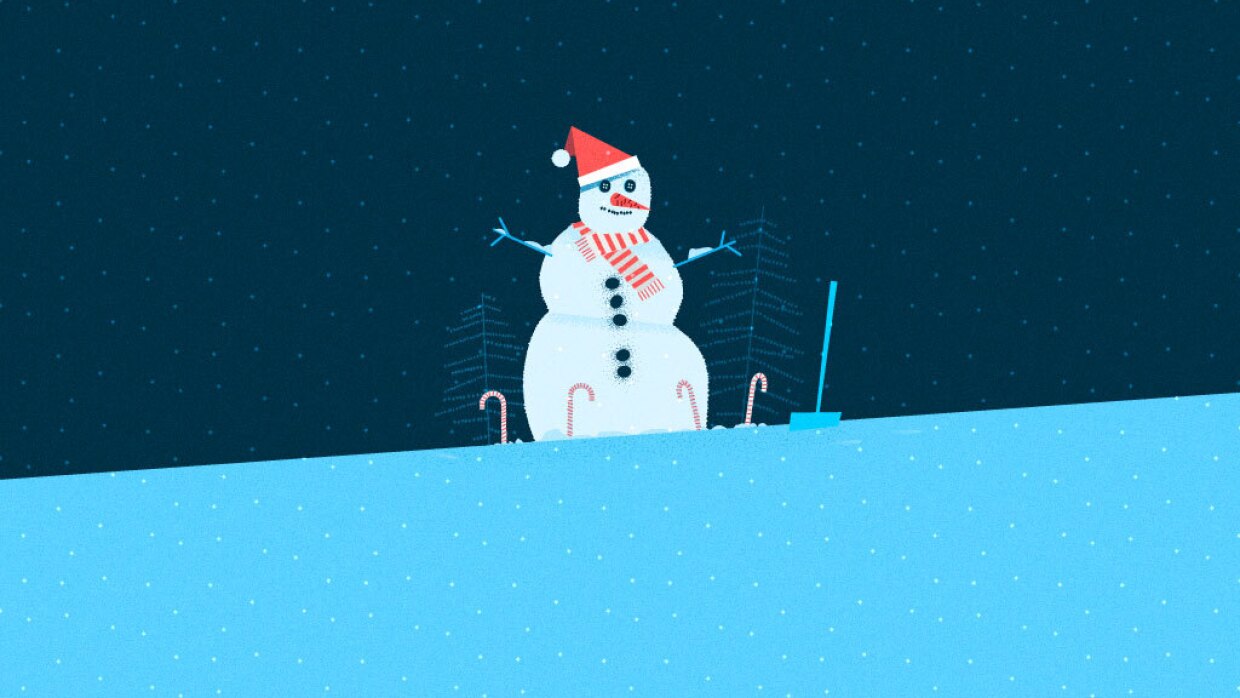 Illustration of a snowman wearing a red cap and striped scarf, with trees behind it and candy canes around it.