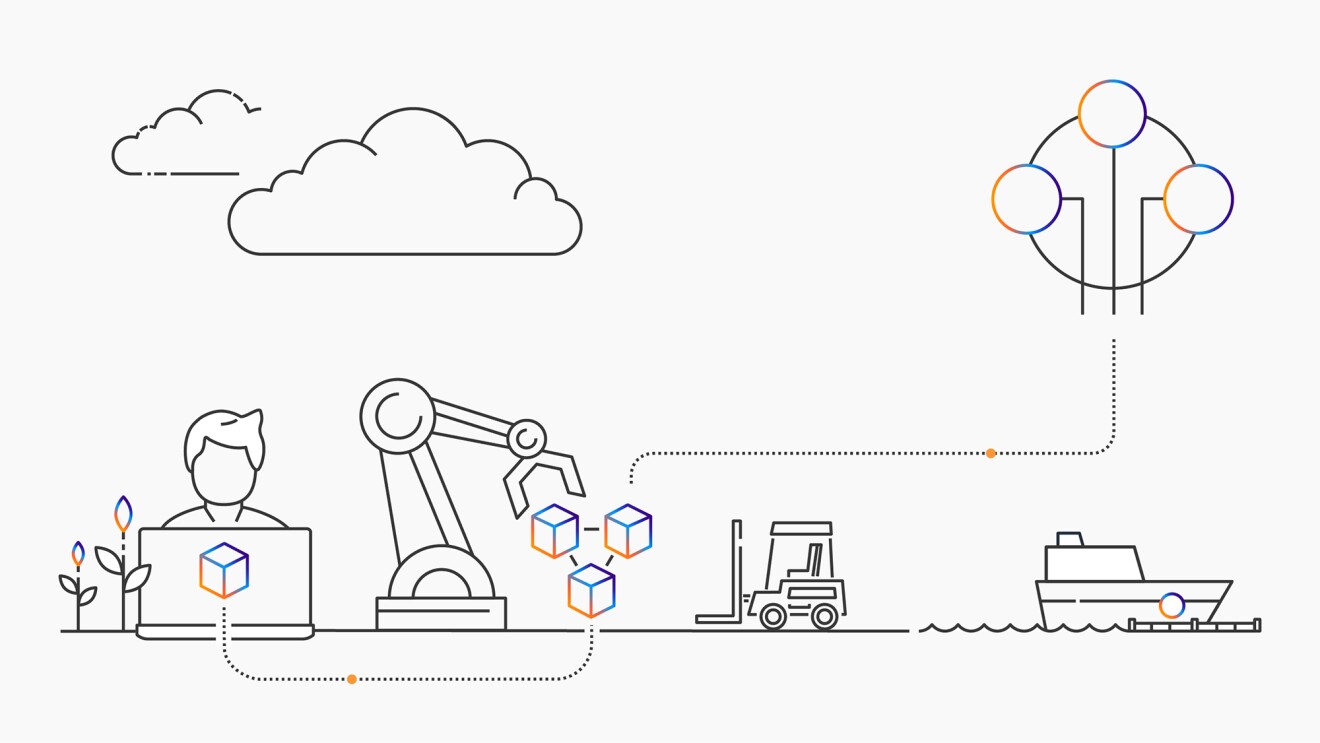 Image from AWS re:Invent, showing illustrations of cloud computing themes