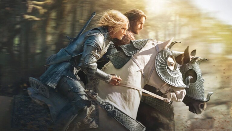 Still shot of a scene from Lord of the Rings: Rings of Power on Prime Video where two characters are riding horses.