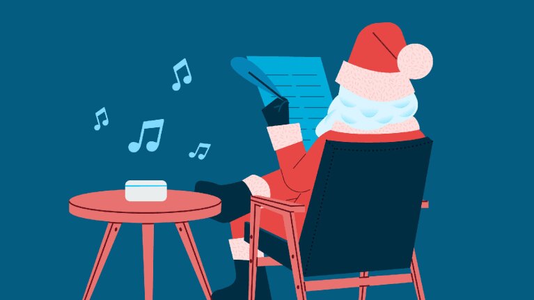 An illustration of Santa sitting next to an Alexa device.