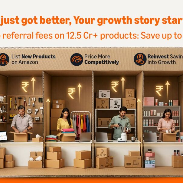 Illustration of Amazon seller benefits: listing new products, competitive pricing, reinvesting savings