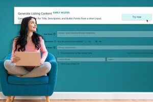 An illustration of generative AI capabilities being used for creating product descriptions on the Amazon Store. A woman sits in a chair, holding a laptop. Behind her is a screen shot of building a product description using generative AI.