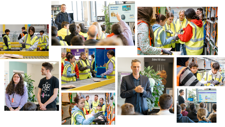 Collage mit verschiedenen Bildern aus dem Wiener Amazon Verteilzentrum mit Kindern und mit Rocco Bräuniger.