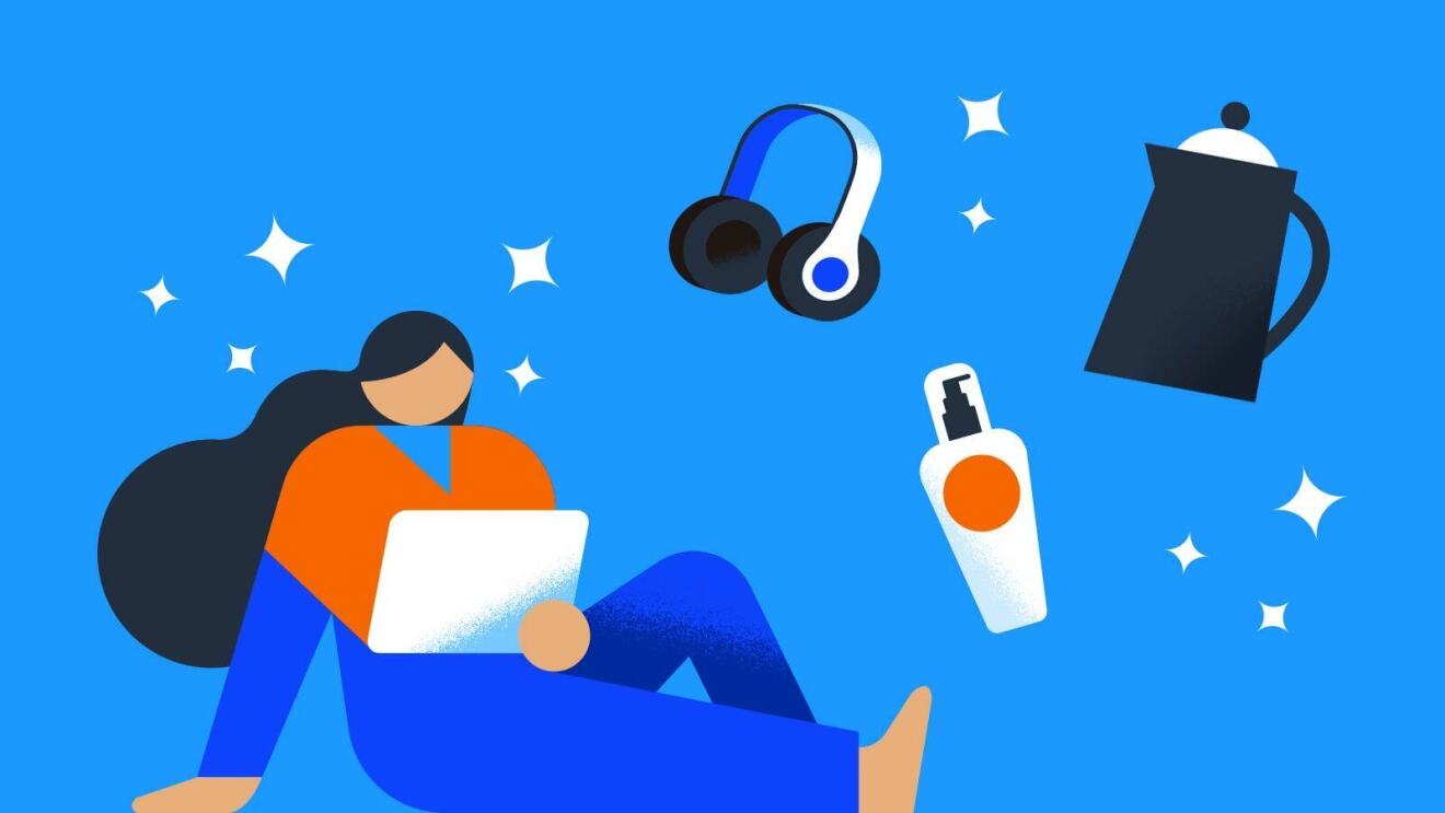 An illustrated image of a woman sitting down looking at a Kindle in front of her.  Floating in the air beside her are headphones and a skin cream bottle.