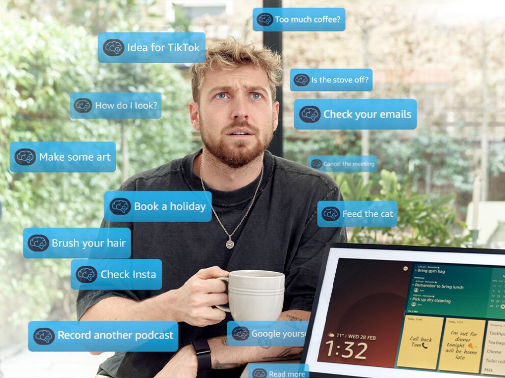 Sam with Alexa prompts speech bubbles