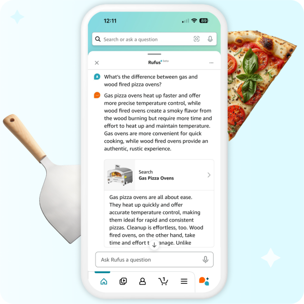 Amazon Rufus answers a customer's questions on the difference between gas and wood-fired ovens