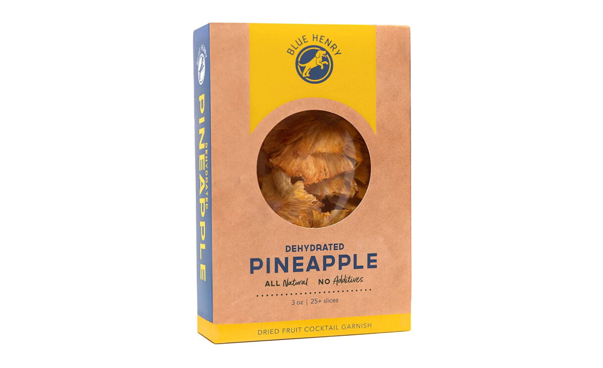 A photo of a package of dehydrated pineapple made by BlueHenry.