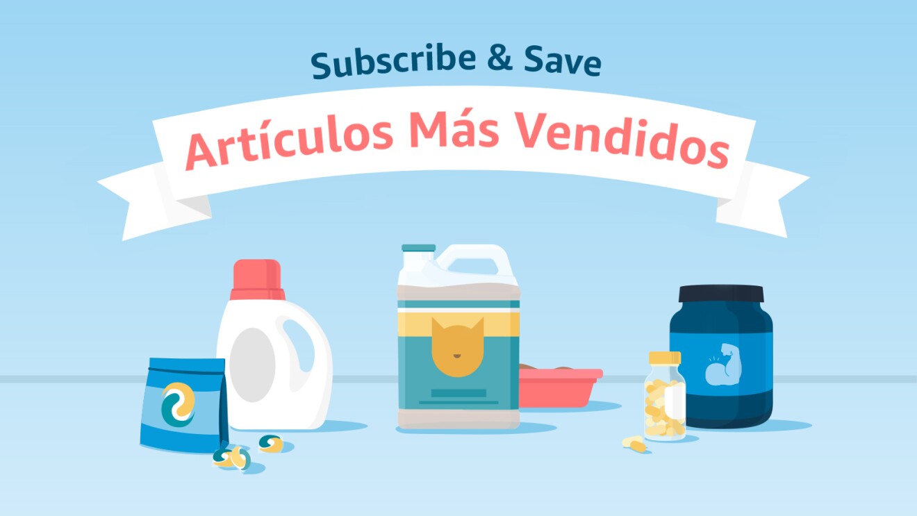 An image that shows miscelaneous products and a banner that reads "Subscribe & Save artículos más vendidos" up top.
