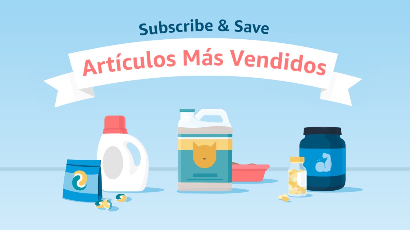 An image that shows miscelaneous products and a banner that reads "Subscribe & Save artículos más vendidos" up top. 