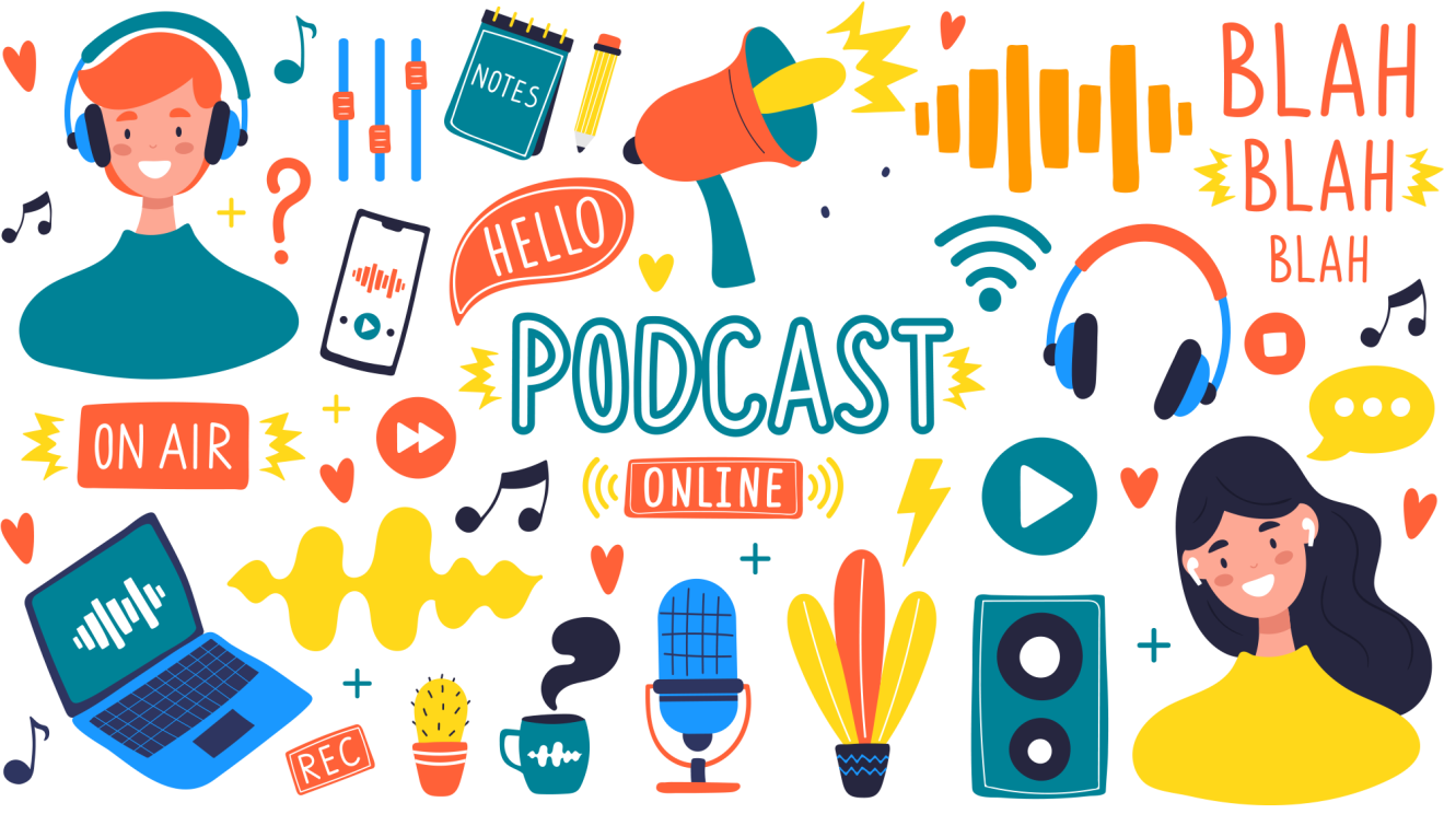 Image of various audio/podcast related images including microphones and headphones