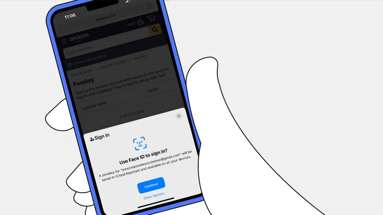 An illustration of a mobile device that asks for Face ID to sign in to an Amazon account.