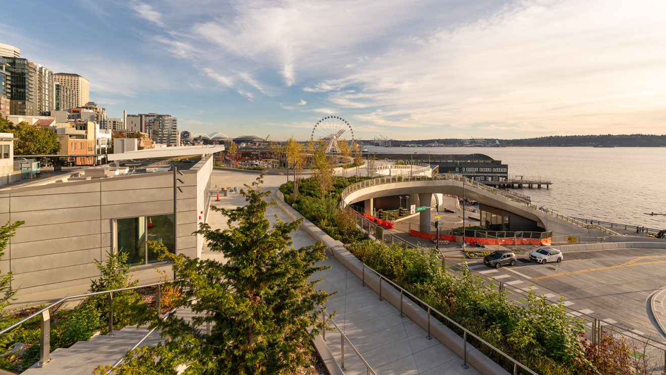 An aerial view of the Overlook Walk in Seattle.