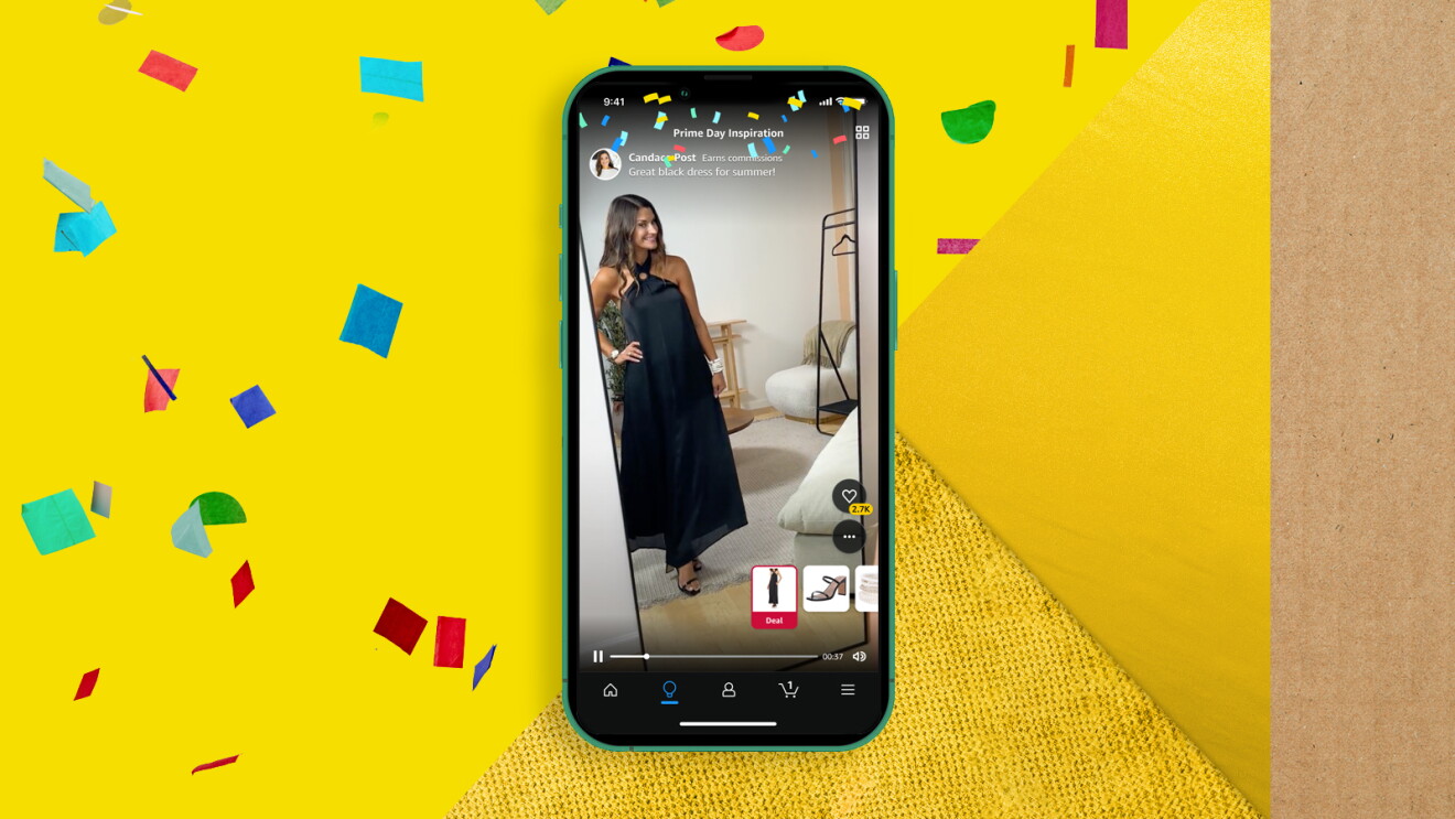 Graphic image of a phone playing showing a woman in a black dress as Prime Day inspiration.