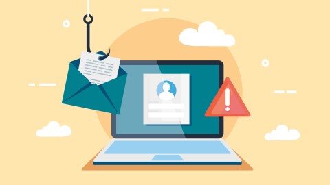 显示登录屏幕的笔记本电脑的图形。笔记本电脑旁边有一个警告标志,还有一封信从一个有钩子的信封里抽出来。