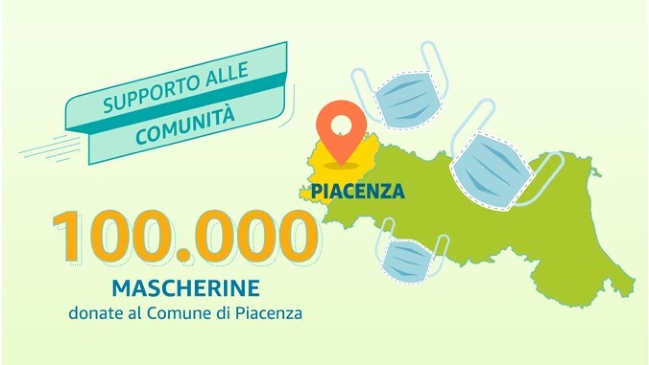 Illustrazione della Regione Emilia Romagna con disegni di 3 mascherine. Sulla sinistra, una scritta recita: '100.000 mascherine donate al Comune di Piacenza'