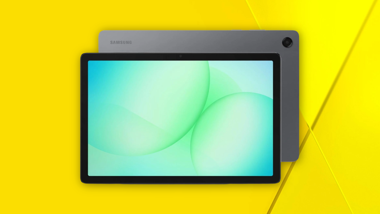 Front and back view of Samsung tablet with turquoise display on vibrant yellow surface