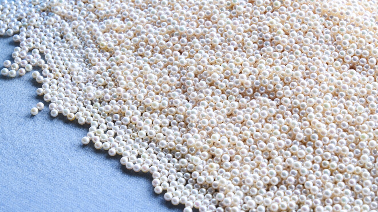 薄いブルーの布の上に置かれたたくさんの真珠