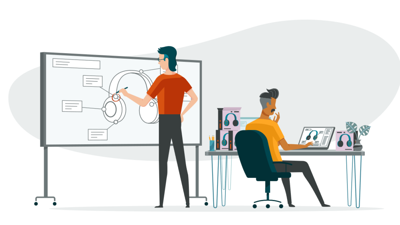 An illustrated image of two people working on a report.