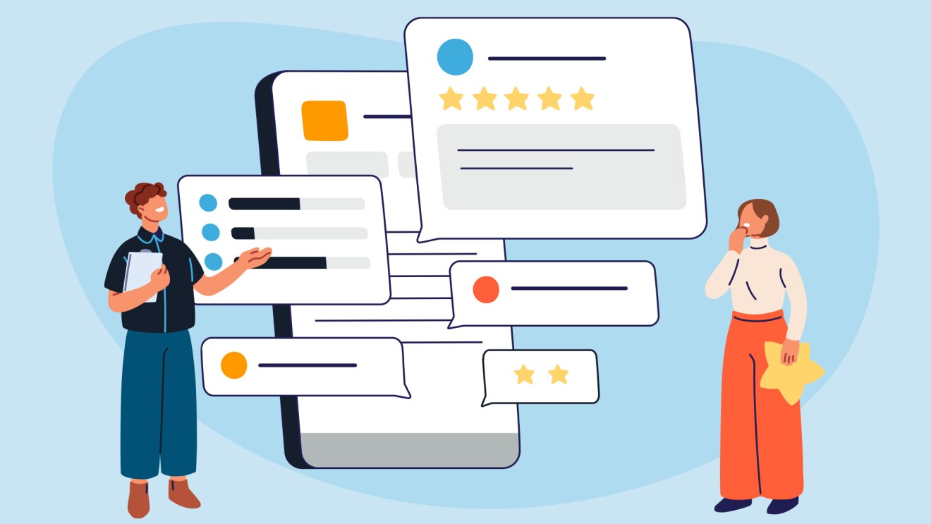 一个男人和一个女人看着各种产品评论的插图图像。