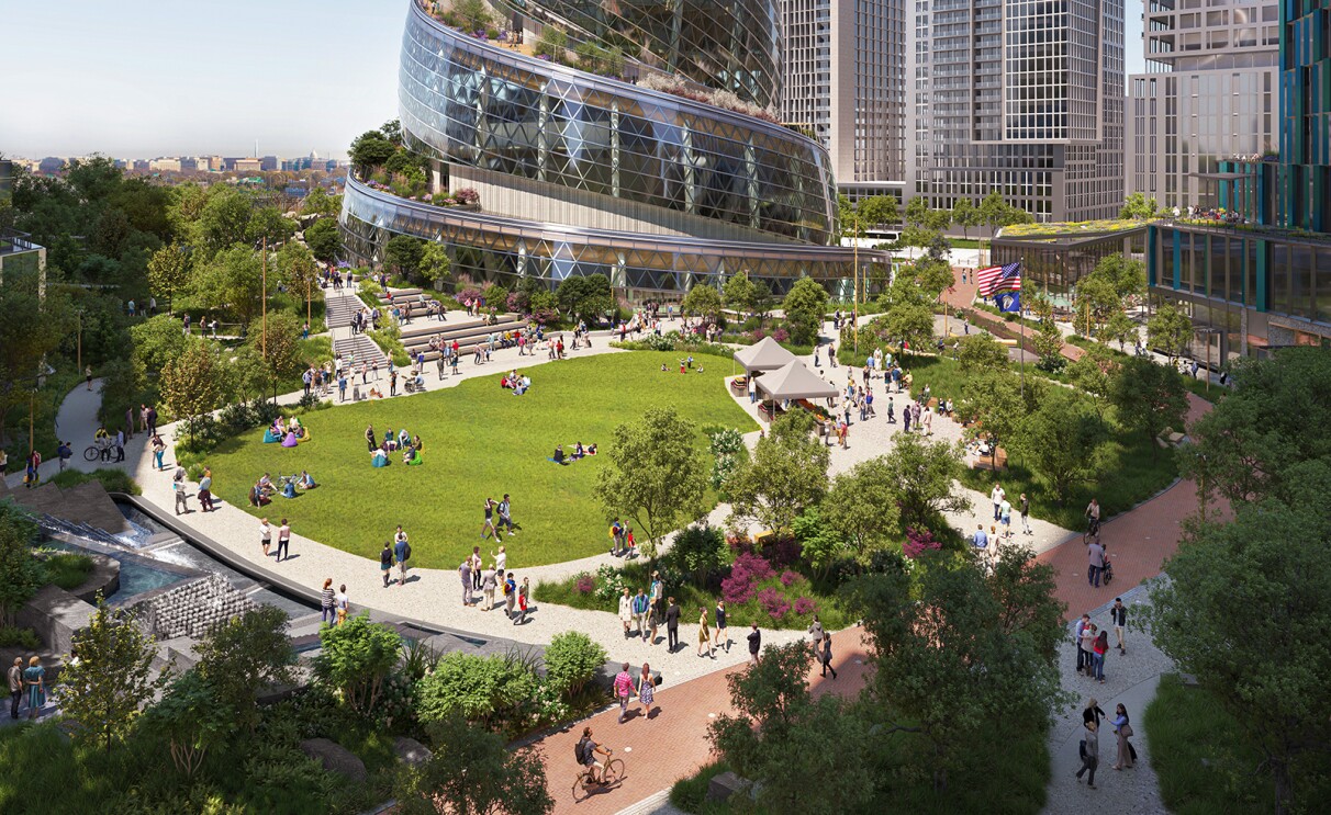 A rendering of the central green area at PenPlace at HQ2.