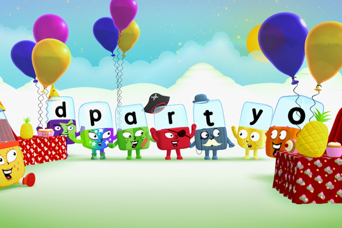 Cartoon characters from Aardman Alphablocks spelling out the word 'party'.