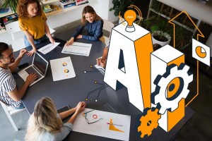 A photo of coworkers sitting at a meeting table. There is an illustration that is in the forefront of the photo that states, "AI" and showcases gears, a lightbulb, and a pie chart.