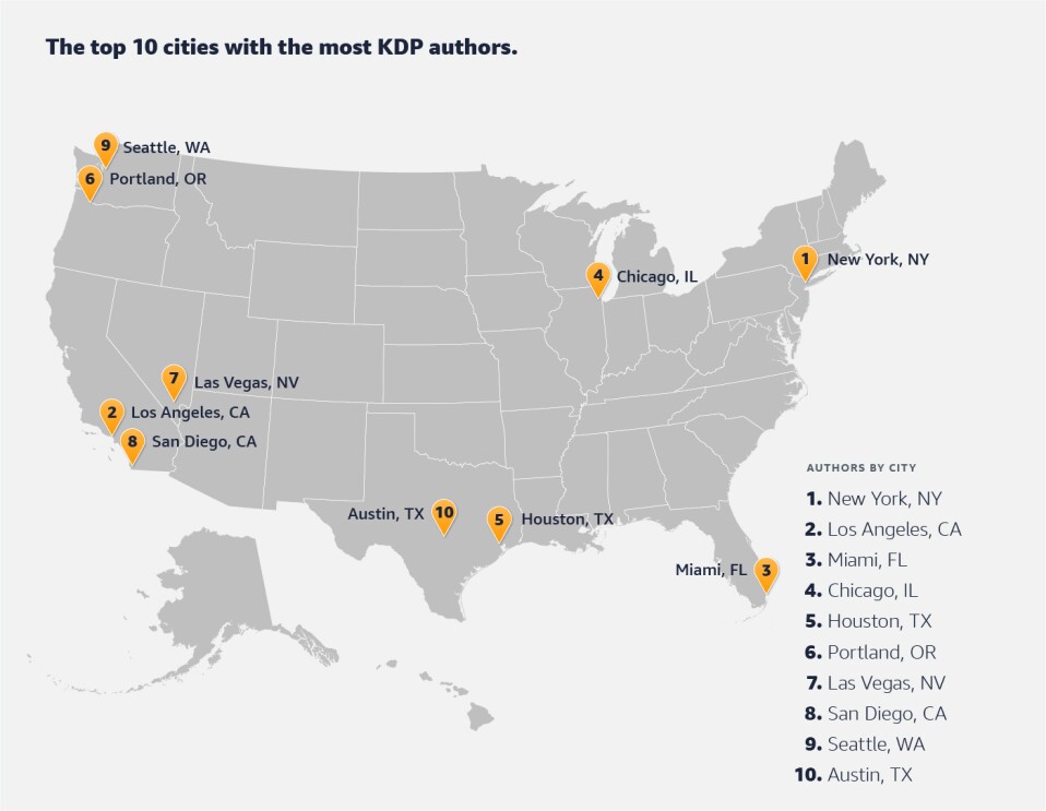 Map of the United States showing top Kindle Direct Publishing locations