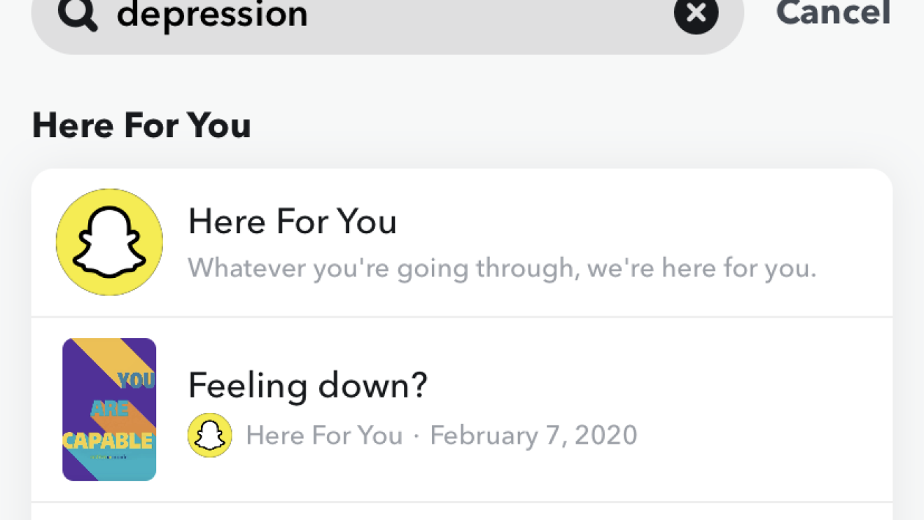 A screenshot of a search for "depression" on Snapchat that provides results with coping resources from their new "Here For You" feature.