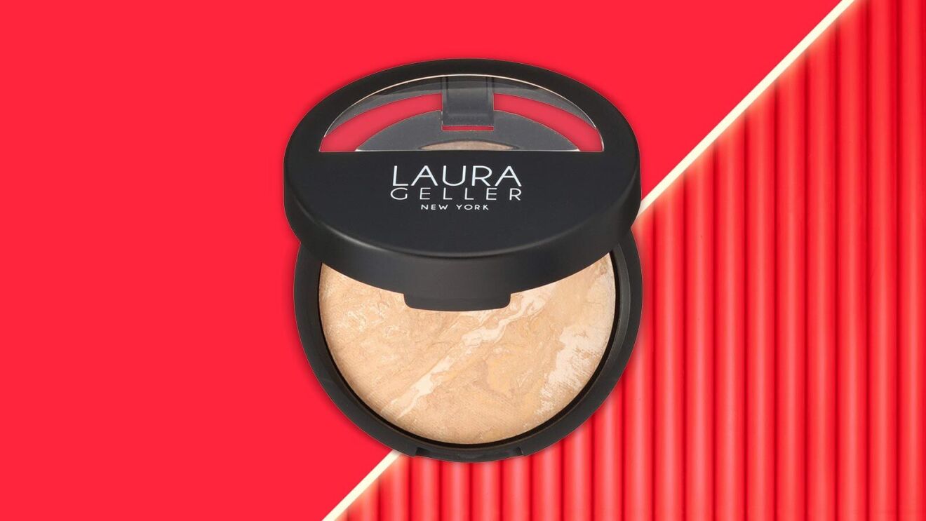 Laura Geller compact makeup powder on vibrant red background
