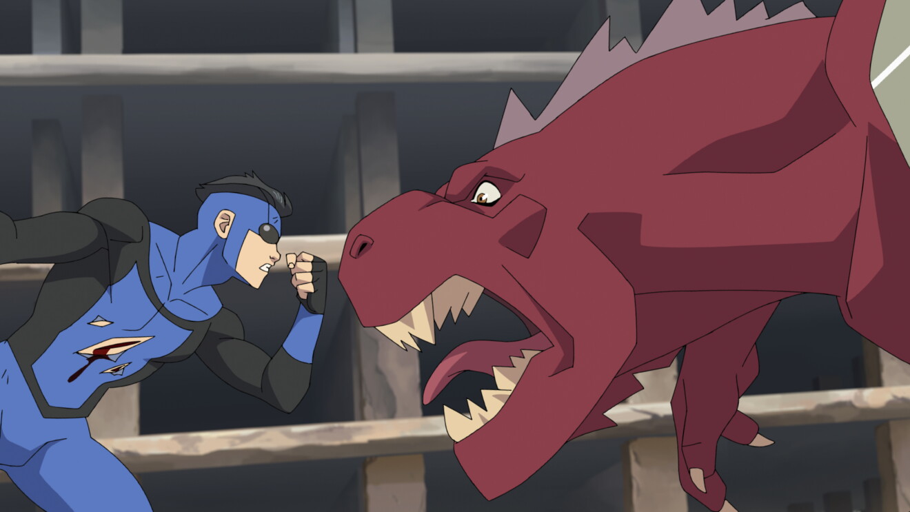 Invincible from Prime Video: Superhero in blue costume confronts large red dinosaur.