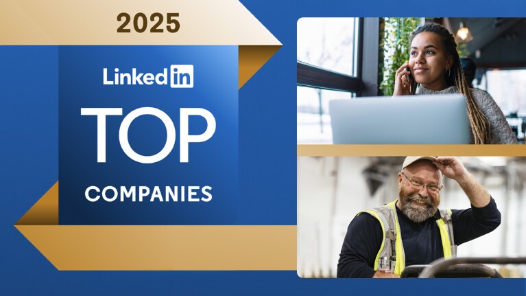LinkedIn Top Companies 2025 graphic, tech professional and operations employee