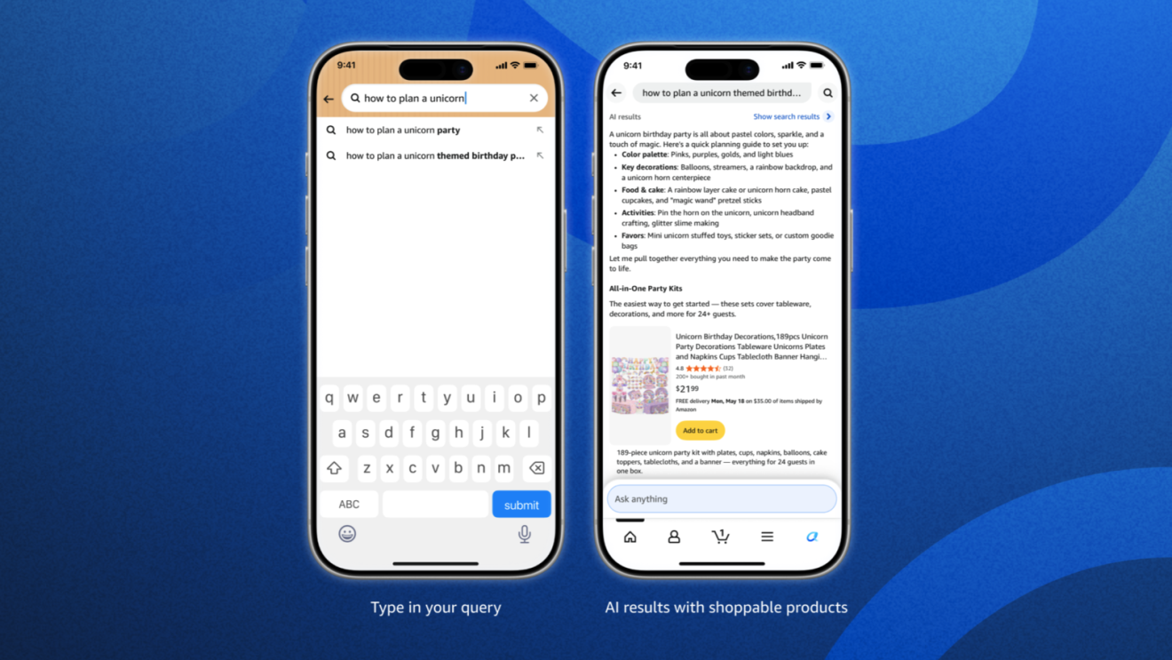 Two smartphone screens showing Amazon's Alexa for Shopping search interface - left screen displays search suggestions for unicorn party, right screen shows detailed party planning results with product recommendations