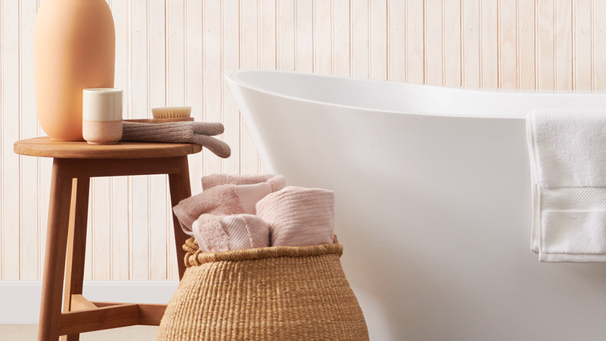 organic cotton and recycled polyester products and linen in a bathroom