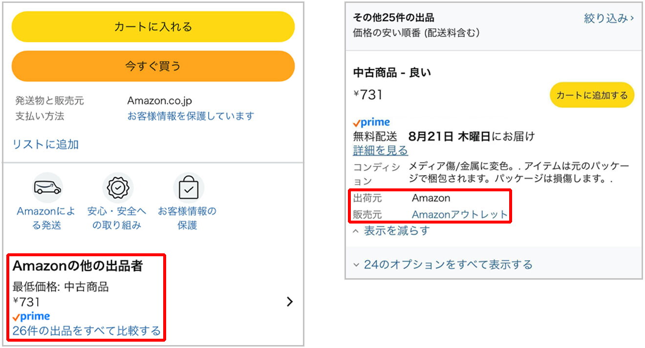 モバイルアプリの操作画面の一部が2つ並んでいる。左側は「Amazonの他の出品者　最低価格：中古品」の文字列が赤枠で囲まれている。右側は、「出荷元　Amazon、販売元　Amazonアウトレット」が赤枠で囲まれている。