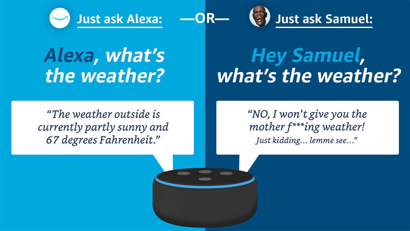 A graphic showing an Amazon Echo device responding to a question about the weather in both the Alexa and Samuel L. Jackson voices.