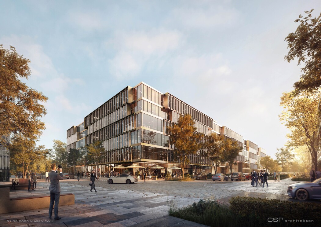 Das zukünftige Amazon Gebäude ist in Seitenansicht visualisiert.