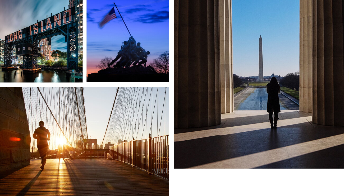 Six images in a collage featuring scenes from New York City, NY, Arlington, VA, and Nashville, TN. From top left: Long Island bridge with "LONG ISLAND" painted on the side of the bridge in red and white, The Marine Corps War Memorial which was inspired by the iconic 1945 photograph of six Marines raising a U.S. flag atop Mount Suribachi during the Battle of Iwo Jima in World War II. A person runs across a bridge as the sun rises behind them. A person stands in the shadows of the Lincoln Memorial, facing the Washington Monument. A person wears a pair of red cowboy boots , standing on double yellow lines on a road. A downtown scene of Nashville at night, showing the Grand Ol Opry and other street signs. 
