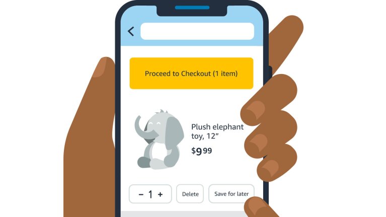 An illustration of a smart phone screen displaying an Amazon cart with a toy elephant and someone clicking the "save for later" button.