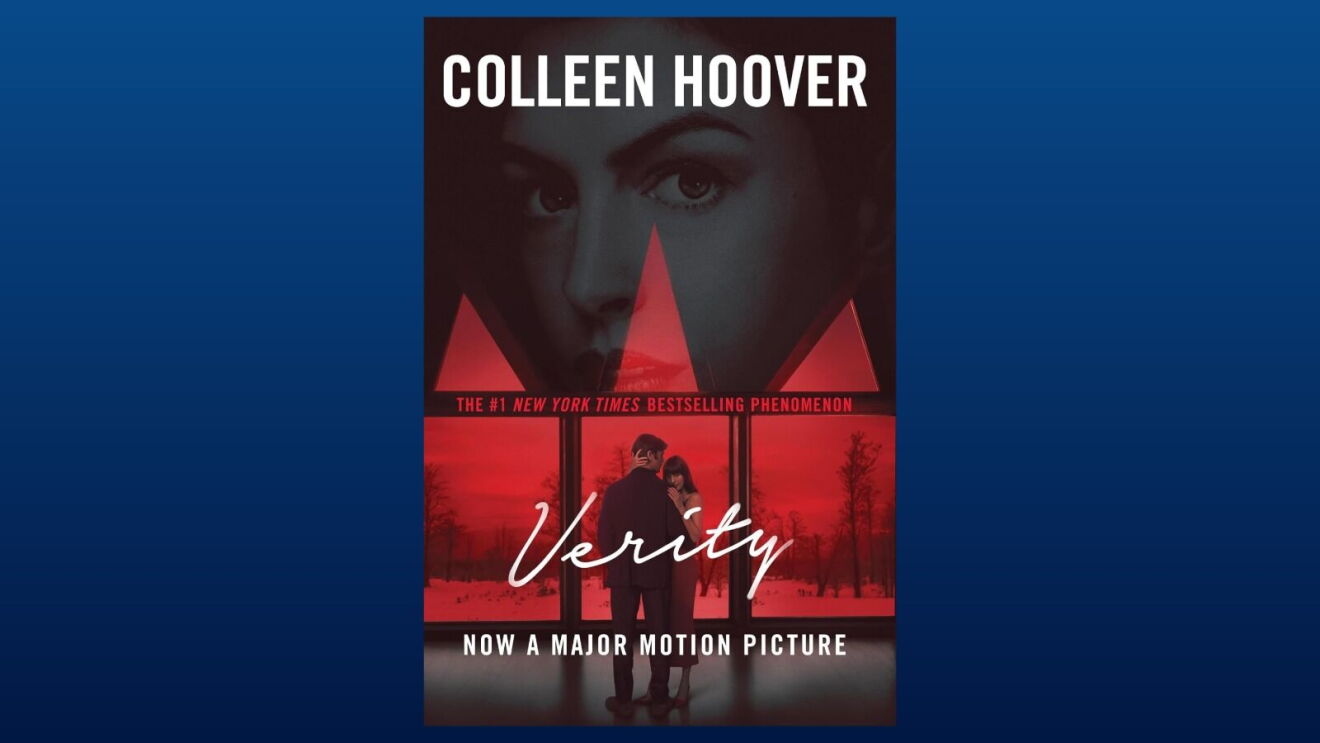 Verity by Colleen Hoover book cover featuring a couple silhouetted against red triangular windows available on Kindle+