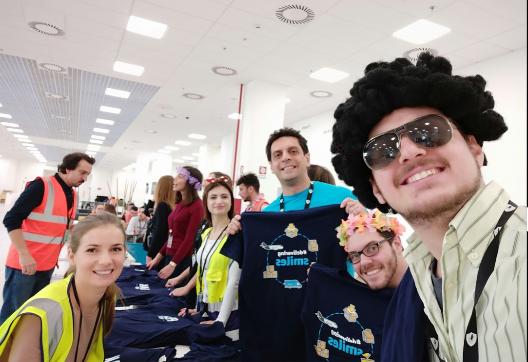 Amazon associates in our Milan fulfillment center participate in a 70s theme