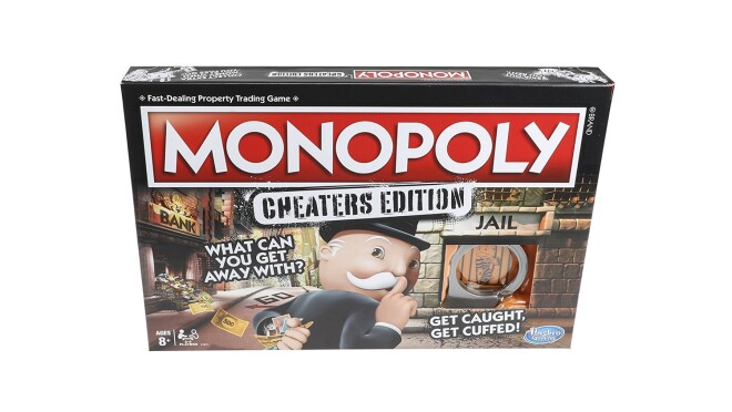 版本的垄断和棋盘游戏,塑料手铐单元,6代币,15作弊卡片,22所有权证书卡,16个机会卡,16个社区胸部卡,16个酒店,2个骰子,钱,银行托盘,游戏指南