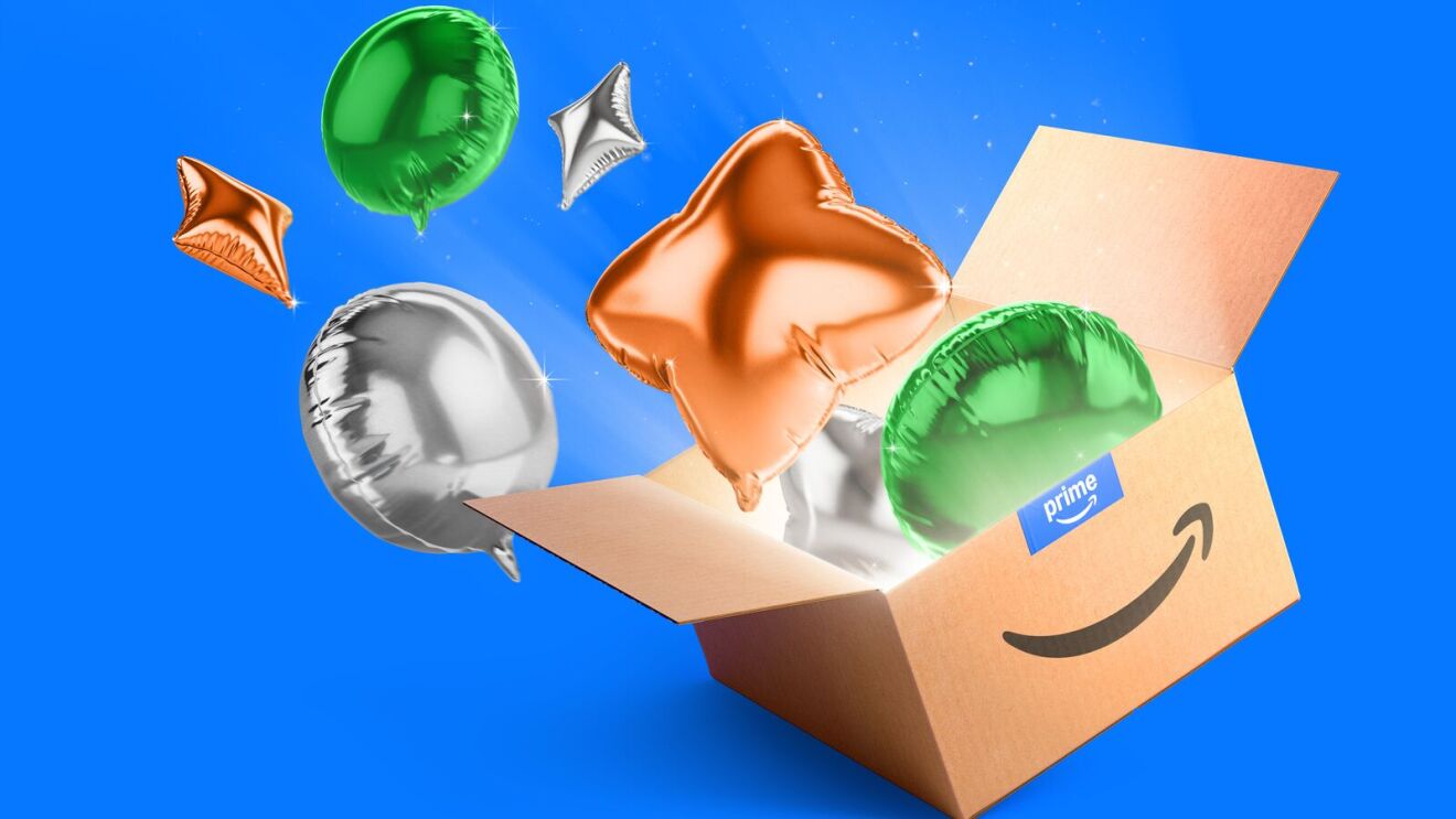 Amazon Prime box with colorful balloons bursting out